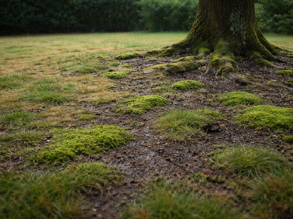 Gazon clairsemé et mousse verte sous un arbre, sol humide entre les racines et la terre sombre