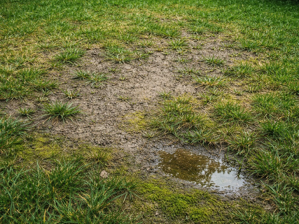 Zone de pelouse clairsemée, sol tassé, eau stagnante et mousse visible après piétinement.