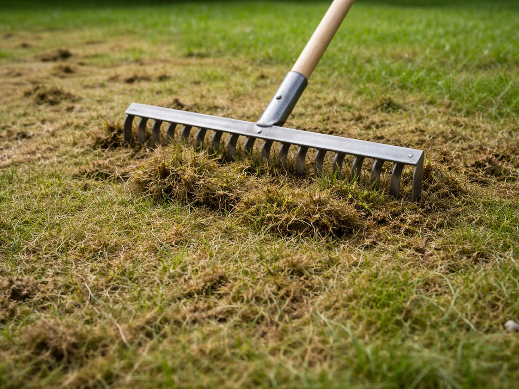 Pelouse scarifiée, feutre et mousse soulevés, un râteau outil raclant l’herbe au ras du sol.