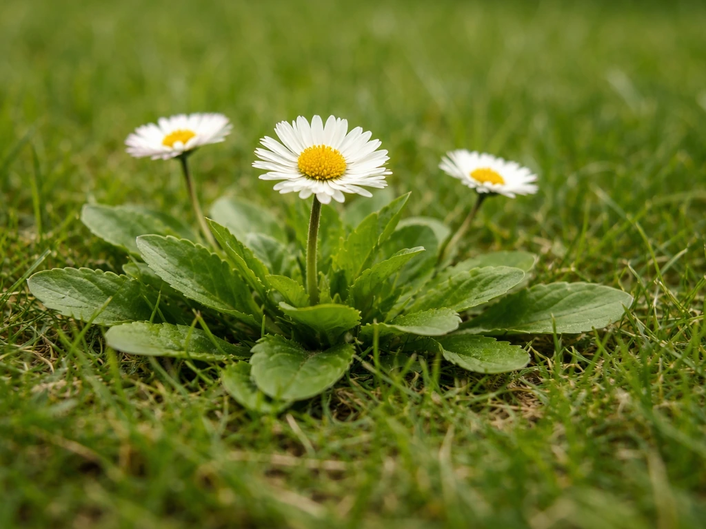 Gros plan d’une pâquerette (Bellis perennis) dans une pelouse, rosette basale et capitules blanc-jaune