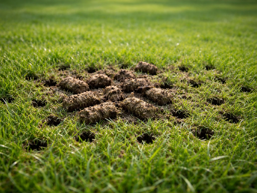 Gazon fraîchement piqué avec des trous d’aération et de la terre visible entre les brins d’herbe.