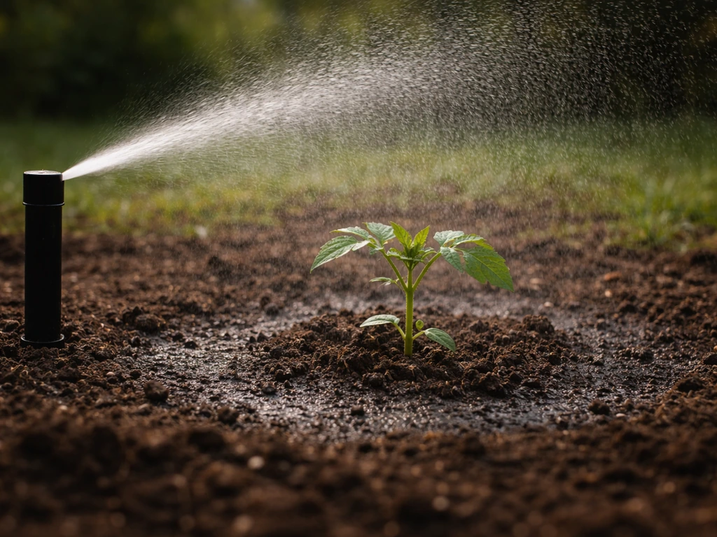Arrosage en pluie fine sur un jeune plant après piqûrage, sol humidifié sans ruissellement