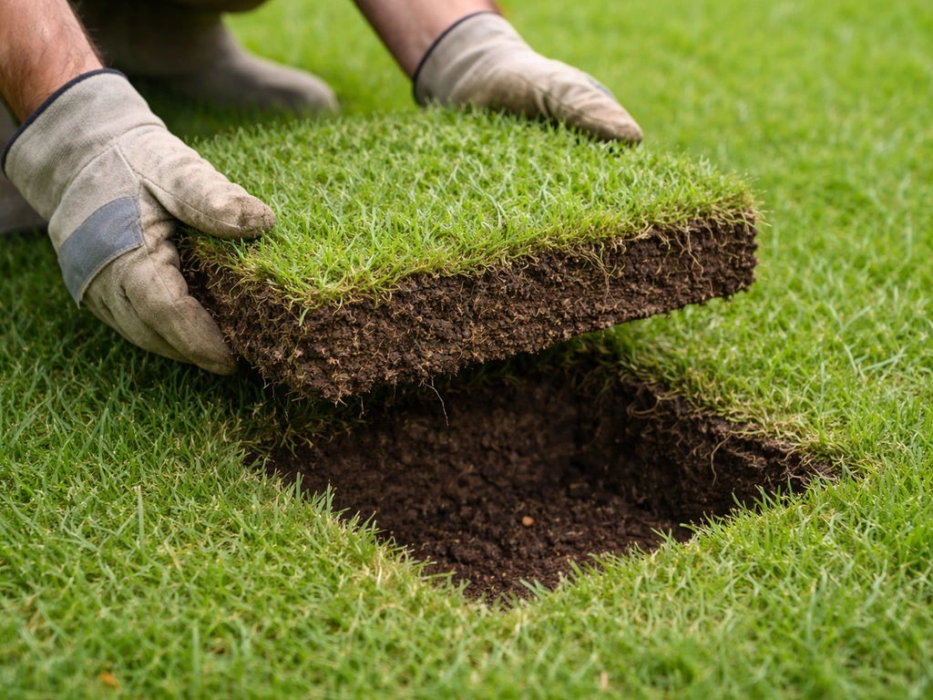 Motte de gazon de 25×25 cm découpée et soulevée, trou de prélèvement prêt à compter les larves