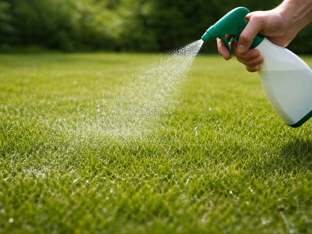 Arrosoir déposant un traitement à base de nématodes sur une pelouse, sol bien humide juste après l’application.