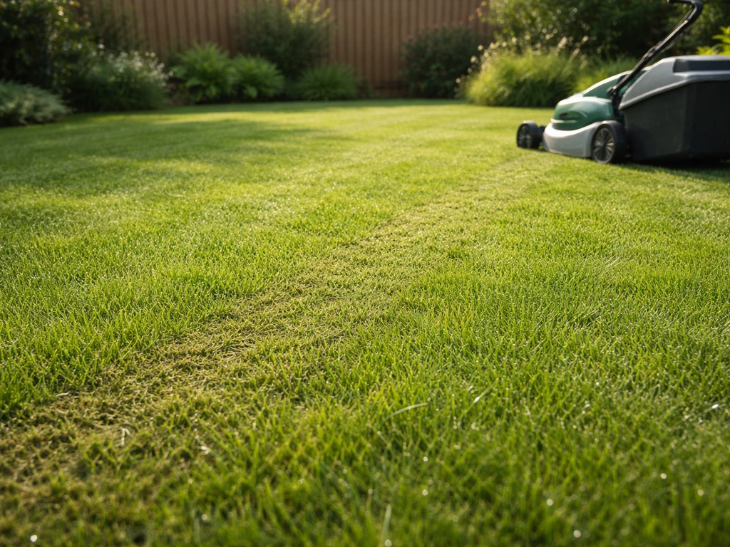 Pelouse dense et verte, tonte régulière, ambiance jardin soignée évoquant un entretien préventif durable.