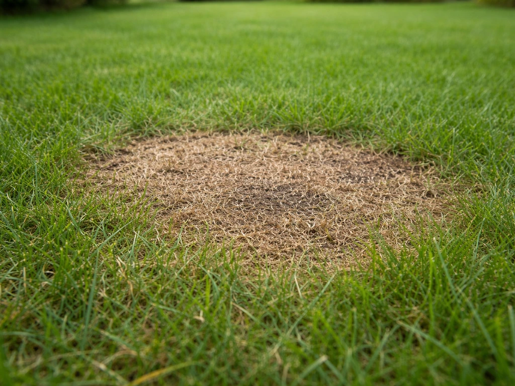 Zone brune de gazon mort nettement délimitée dans une pelouse, entourée d’herbe verte.