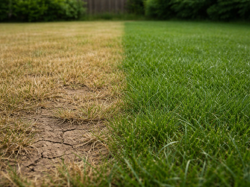 Pelouse avec deux micro-zones contrastées : brins bruns et secs à gauche, zone humide et terne après pluie à droite.