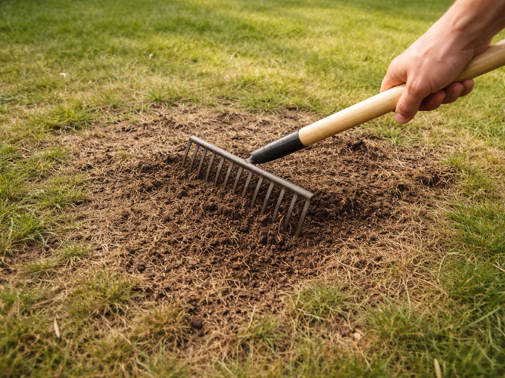 Jardinier scarifiant une pelouse, râteau métallique dégageant le substrat avant regarnissage.