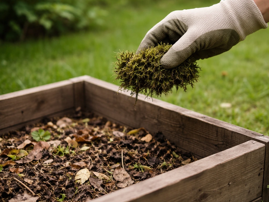 Une main gantée prélève de la mousse d’une pelouse au-dessus d’un bac de compost.