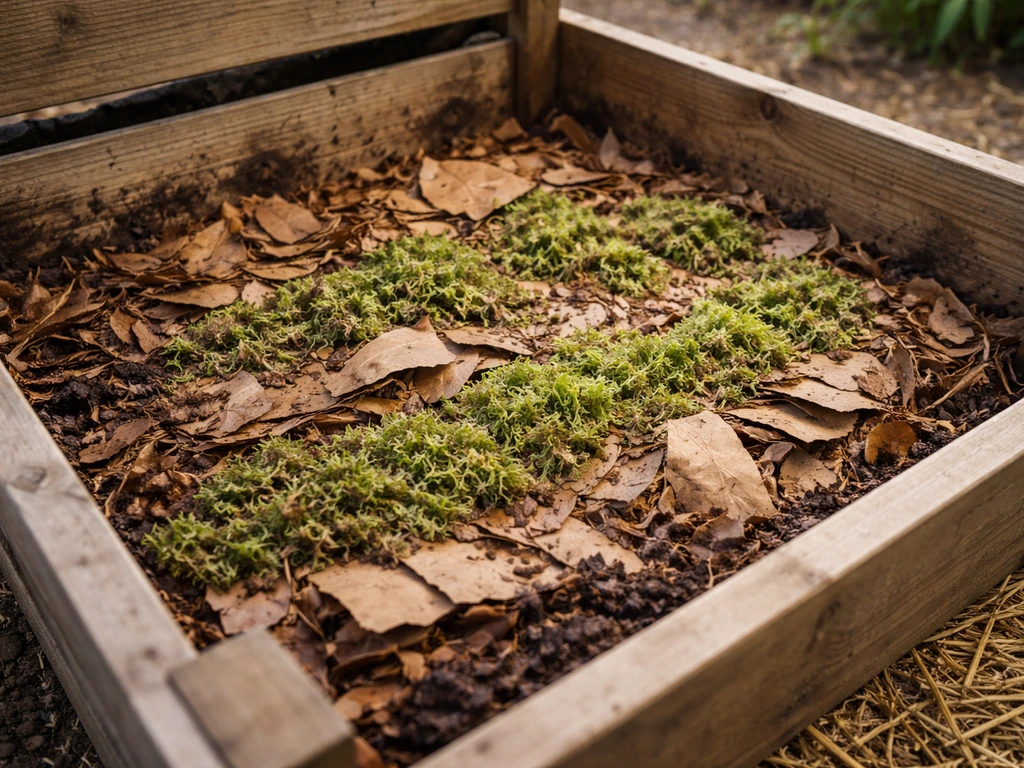Mousse fragmentée ajoutée au compost entre des feuilles mortes et du carton brun, équilibre vert/brun visible.