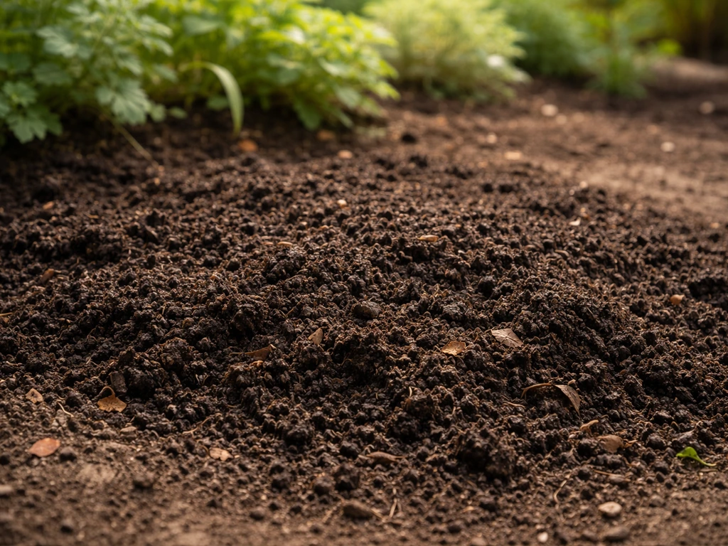 Compost sombre et grumeleux étalé au pied d’un massif, aspect terreux, ambiance jardin naturelle.