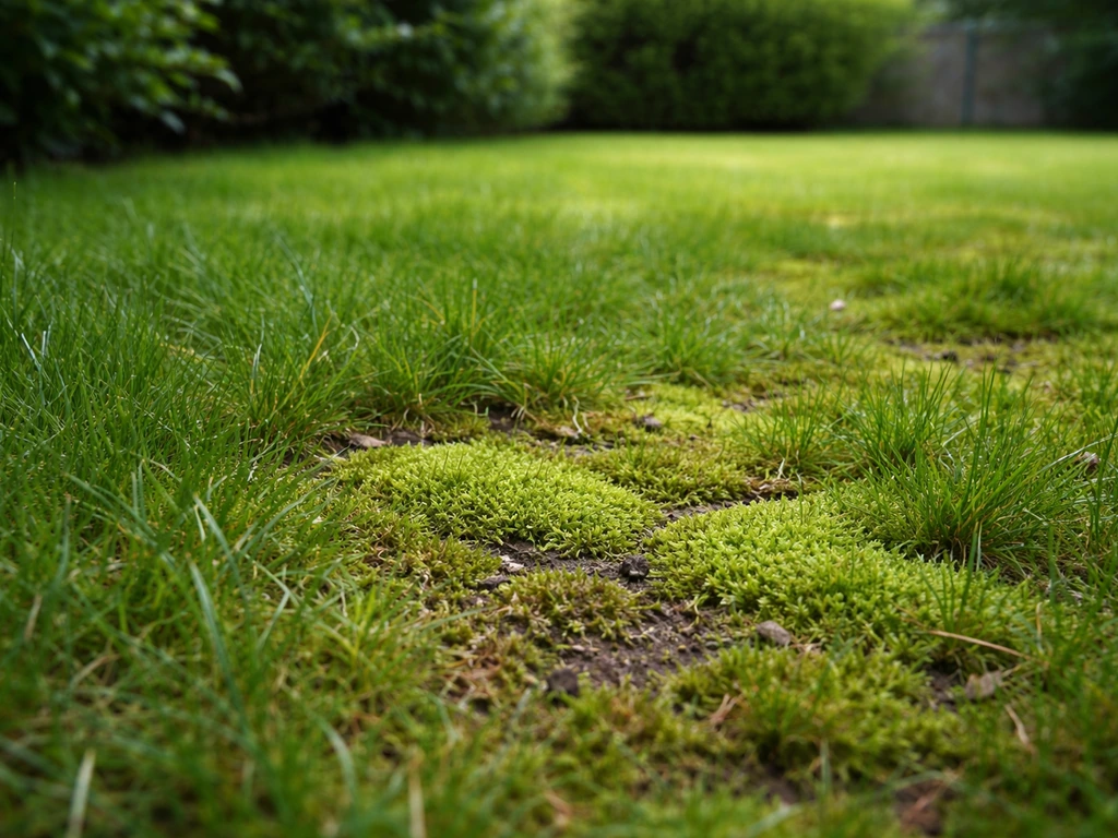 Pelouse dense avec zones ombragées où la mousse forme des coussinets visibles entre les brins d’herbe.