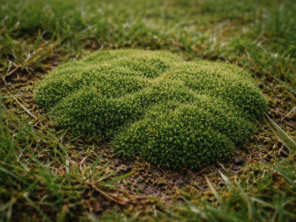 Gros plan sur une mousse de pelouse vert foncé, dense et spongieuse, texture bien visible sur le sol