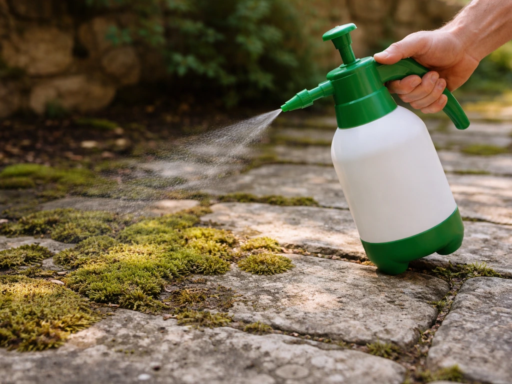 Jet d’un pulvérisateur anti-mousse au sulfate de fer sur une zone de mousse sur un dallage ombragé.