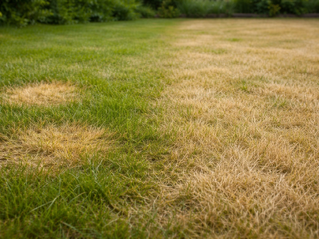 Pelouse avec plaques jaunes localisées à gauche et jaunissement diffus à droite, vue rapprochée au ras du sol.