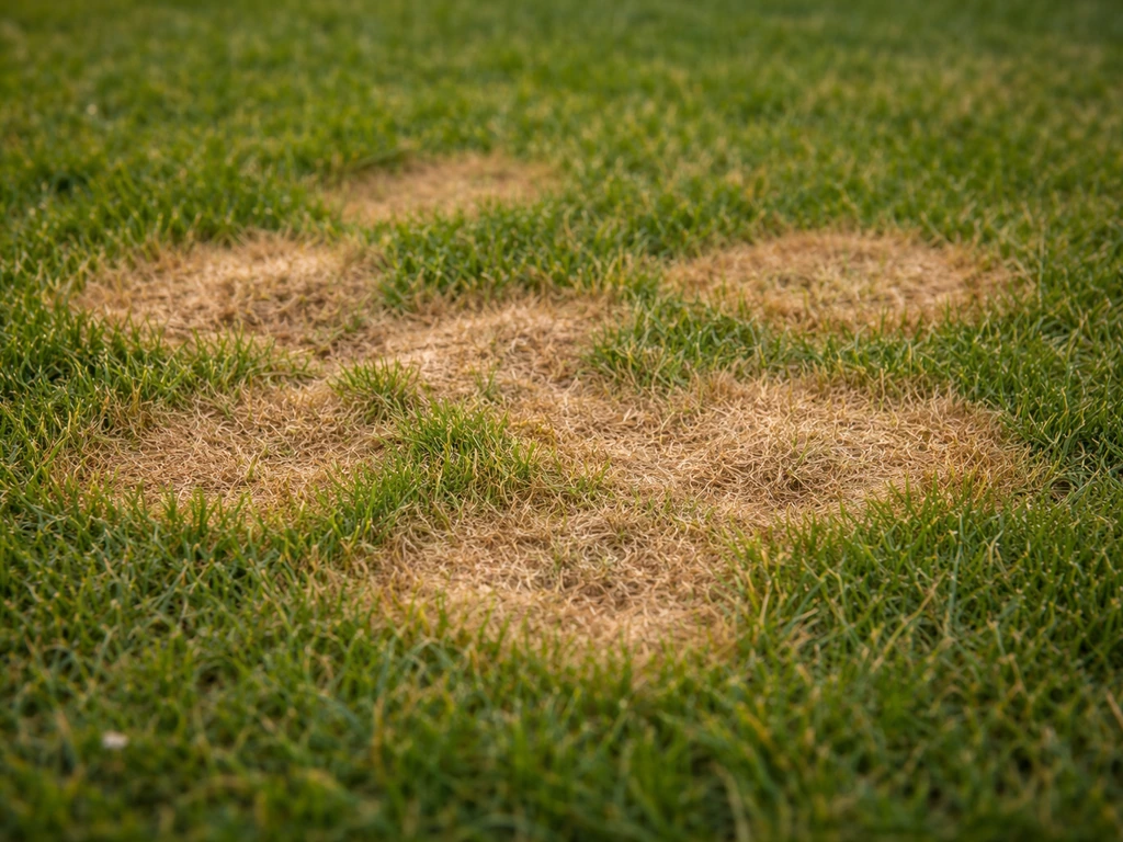 Gros plan de taches de dollar spot sur une pelouse, rondes jaune paille à brun qui commencent à fusionner.