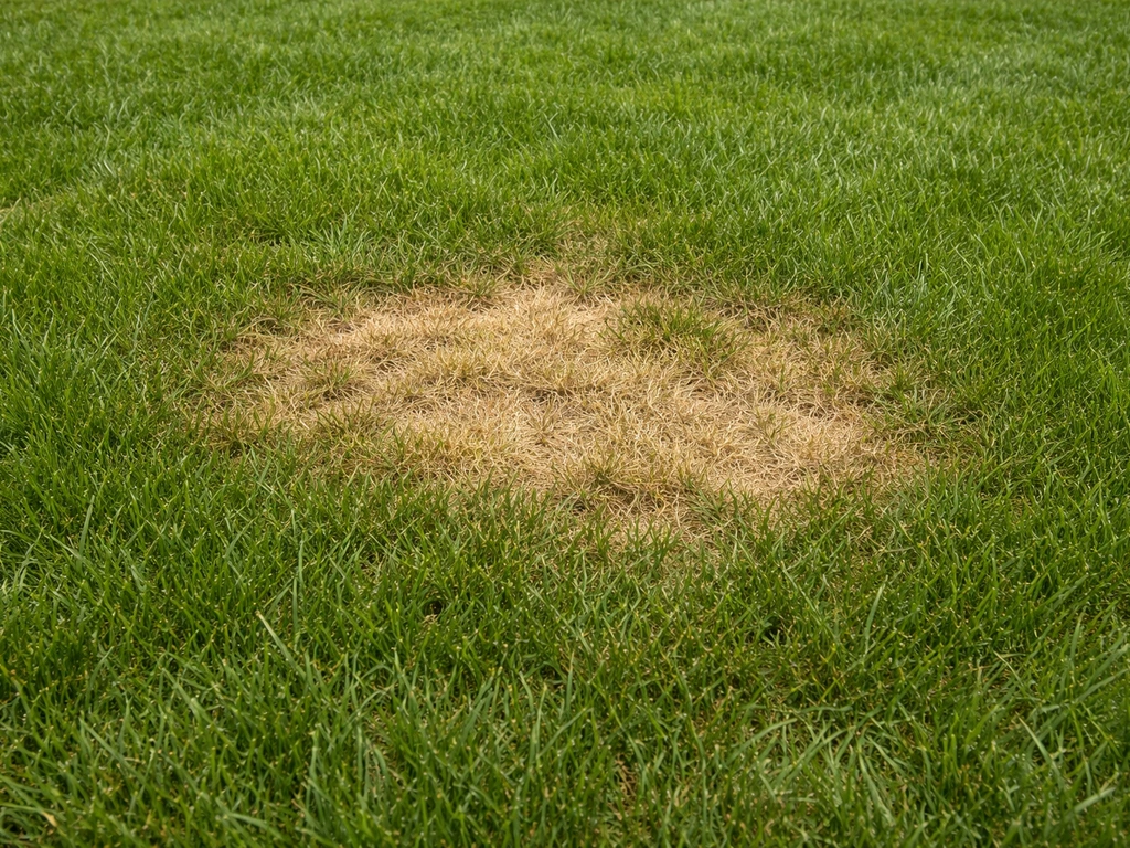 Pelouse verte avec une zone brun pâle de brûlure de gazon bien visible, cadrage au ras du sol.