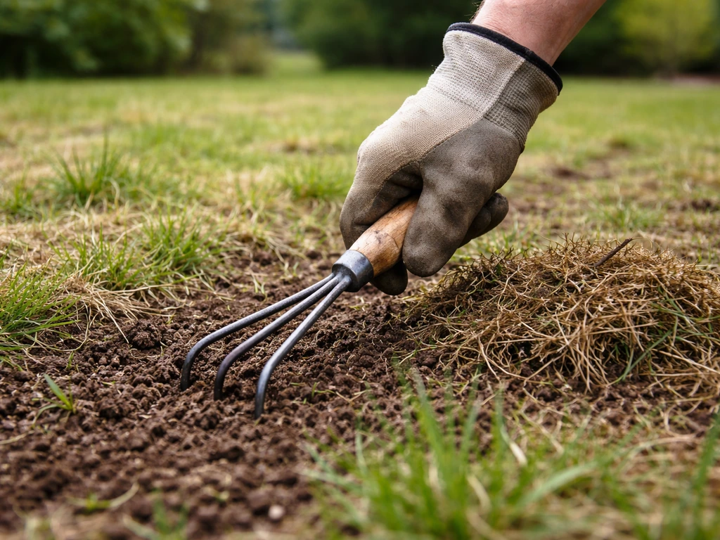 Main gantée grattant la terre dans une zone de pelouse clairsemée, herbe morte retirée à côté.