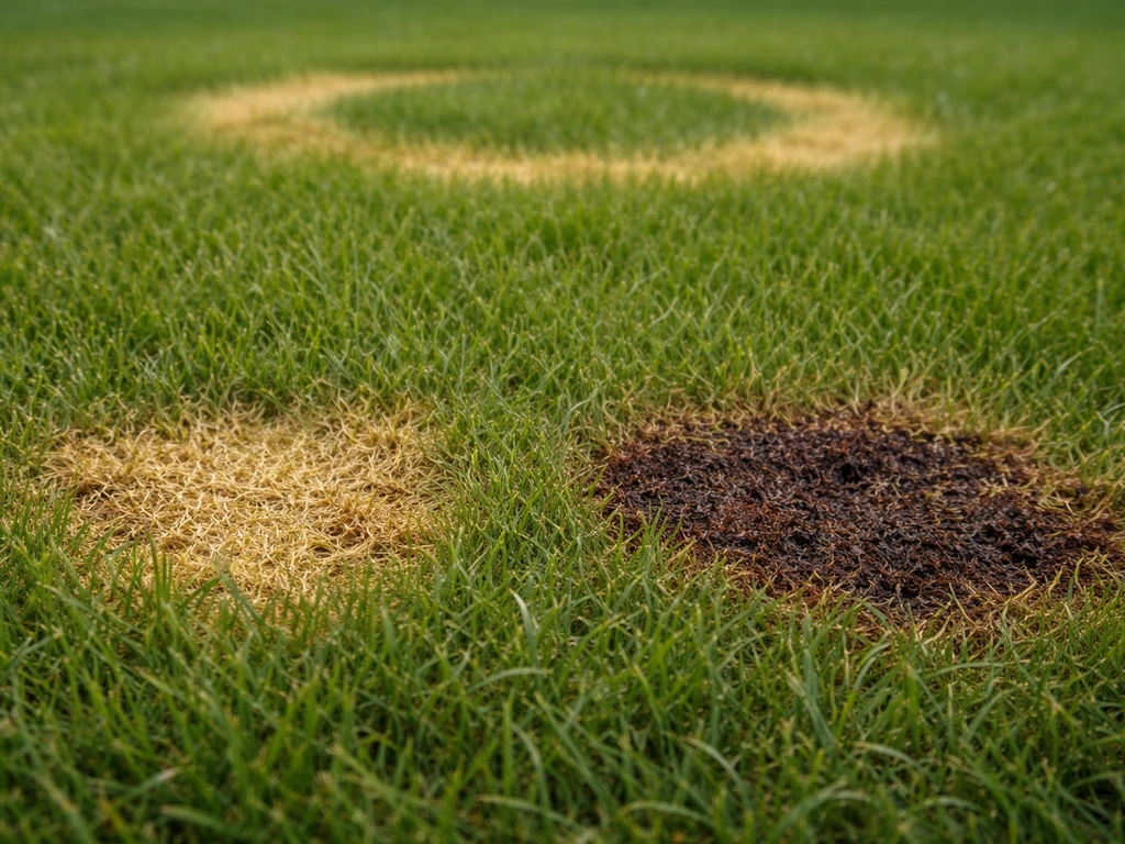 Vue au ras du sol d’une pelouse avec une tache de gazon jaunâtre et brunâtre aux contours irréguliers
