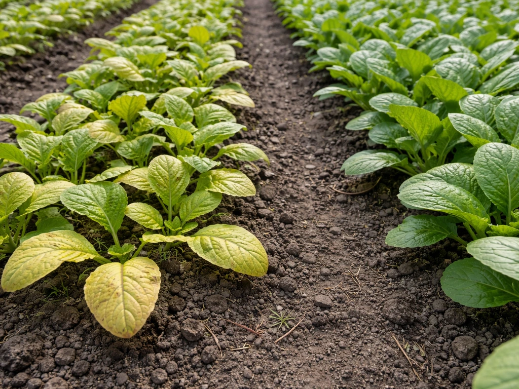 Plantation avec feuilles plus âgées jaunies et une zone verte saine à côté, au sol.