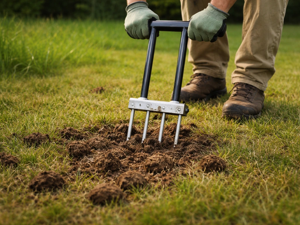 Aérateur à fourches enfoncé dans la pelouse, montrant l’aération du sol après des dégâts souterrains.
