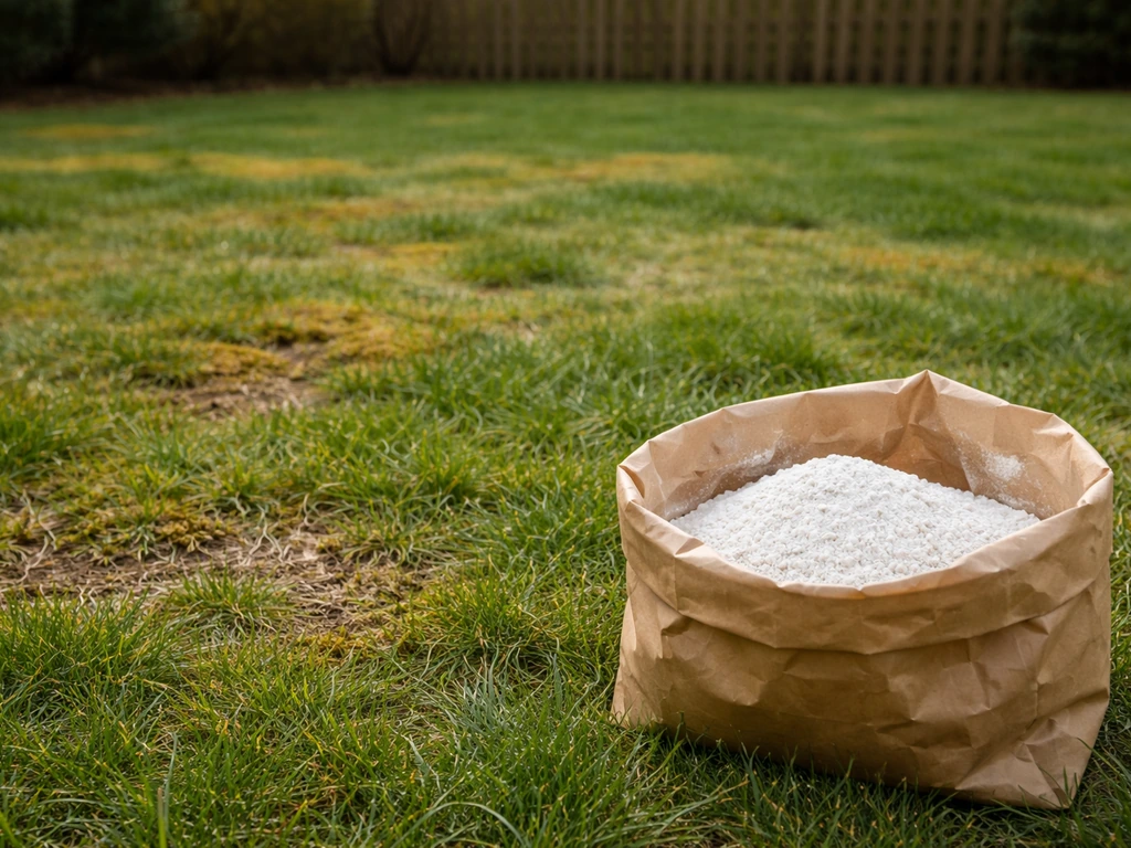 Pelouse française avec mousse et zones jaunies, au premier plan un sac de « blanc de Meudon »