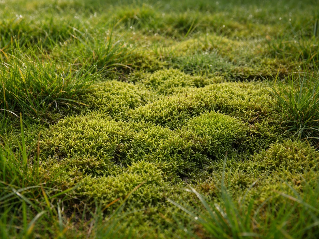 Gros plan d’une pelouse avec une mousse en tapis spongieux entre les brins d’herbe.