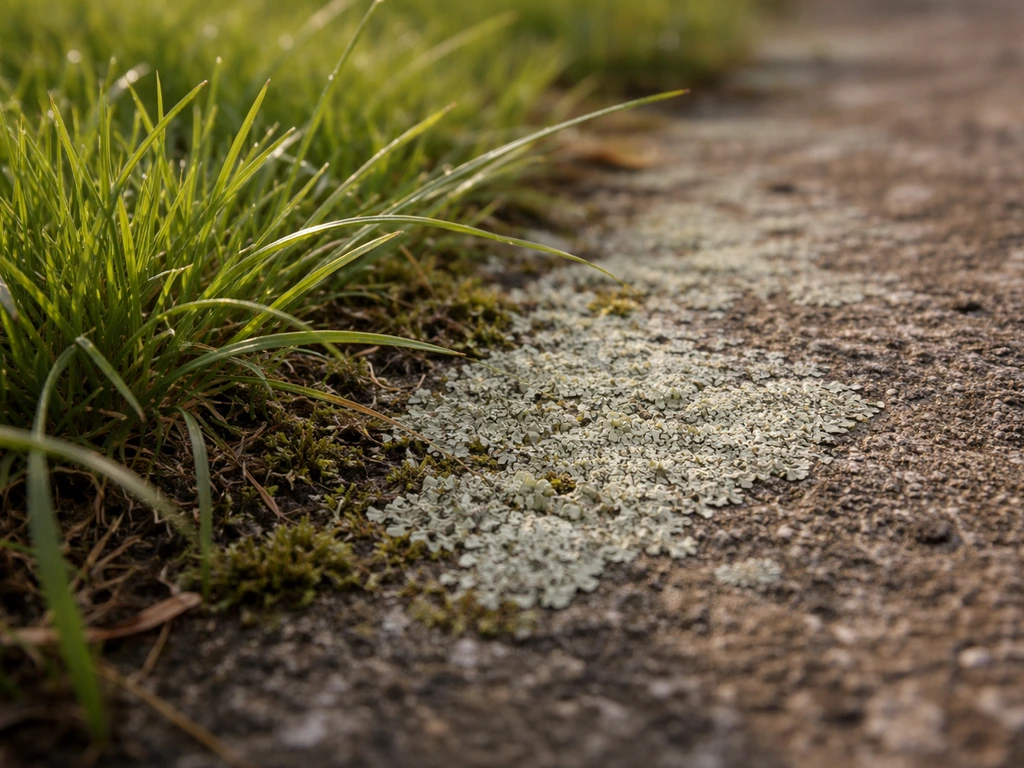 Gros plan sur une zone de pelouse : brins blanchâtres près d’une croûte minérale gris-verdâtre au sol