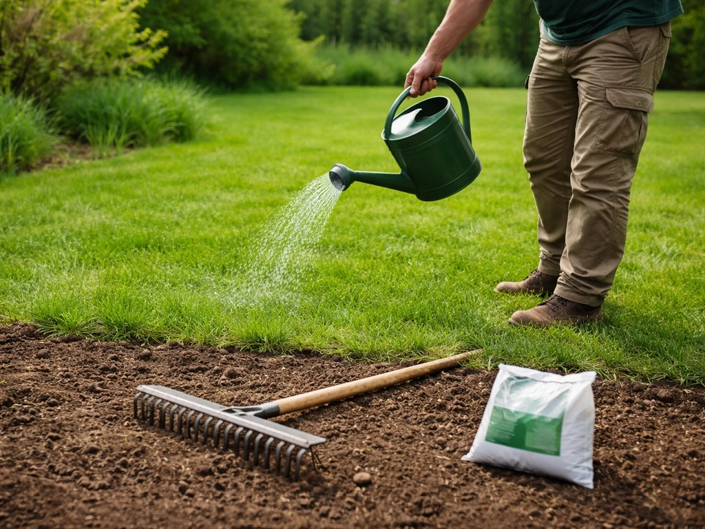 Jardinier anonyme arrosant légèrement une pelouse au printemps avec râteau de scarification à côté.