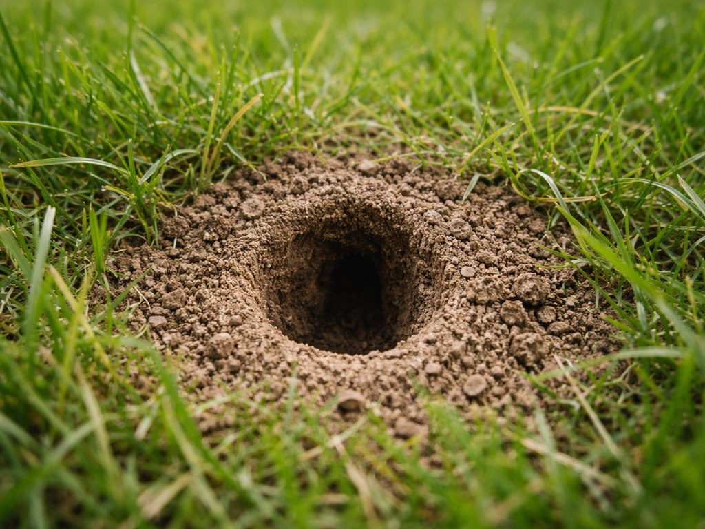 Gros plan d’un trou de grillon champêtre quasi circulaire dans le gazon, avec terre rejetée autour.