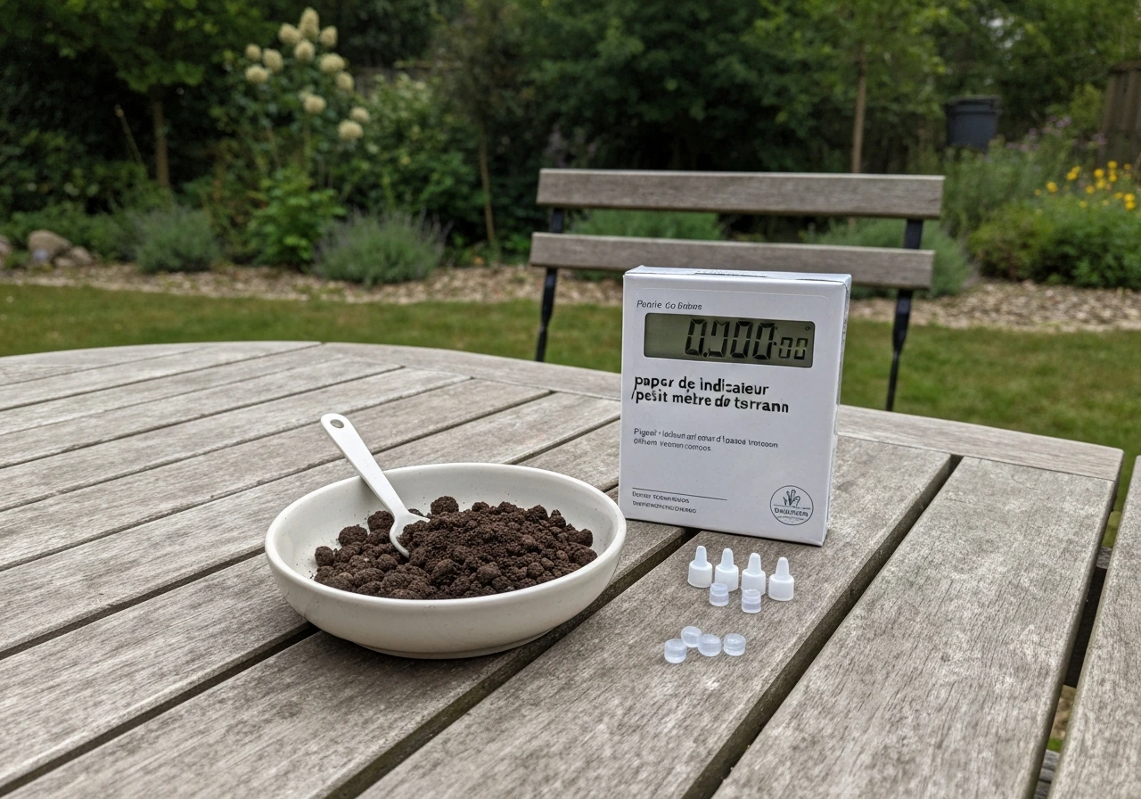 Échantillon de terre de pelouse avec kit de test du pH posé sur une table, jardin en arrière-plan.