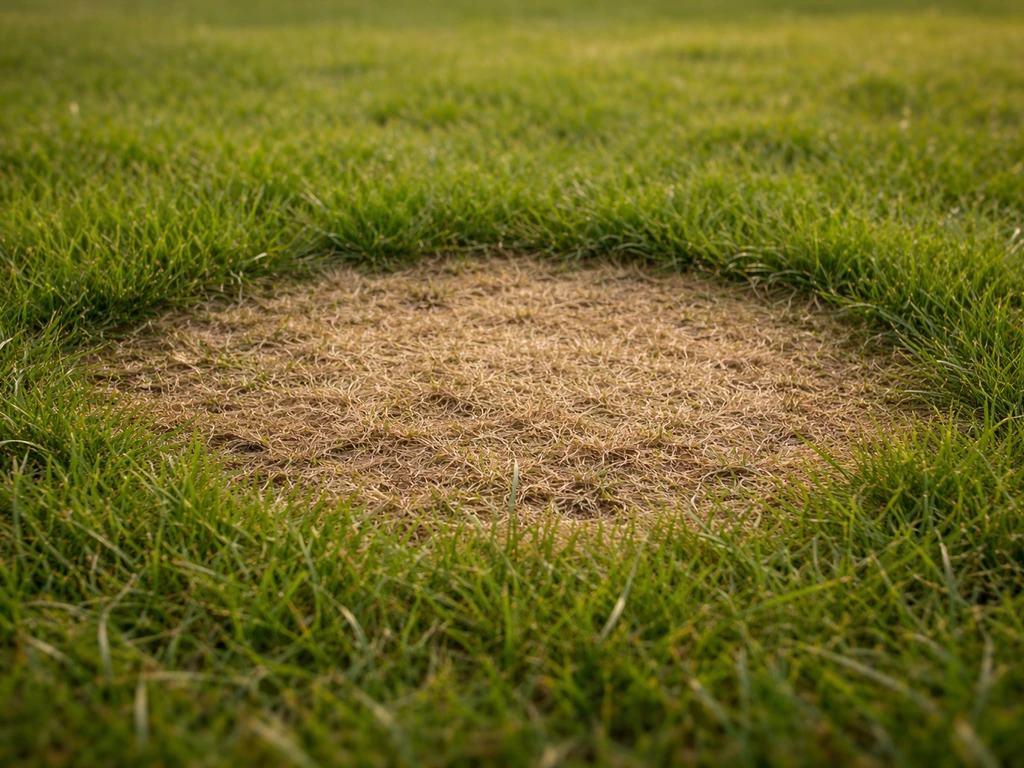 Pelouse avec une plaque brun paille au centre, bordée d’un anneau d’herbe encore verte