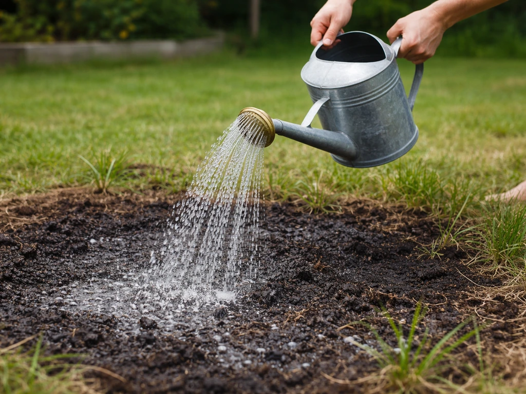 Arrosage immédiat d’une zone fraîchement brûlée, eau qui perle au niveau du sol, dans un jardin au calme.