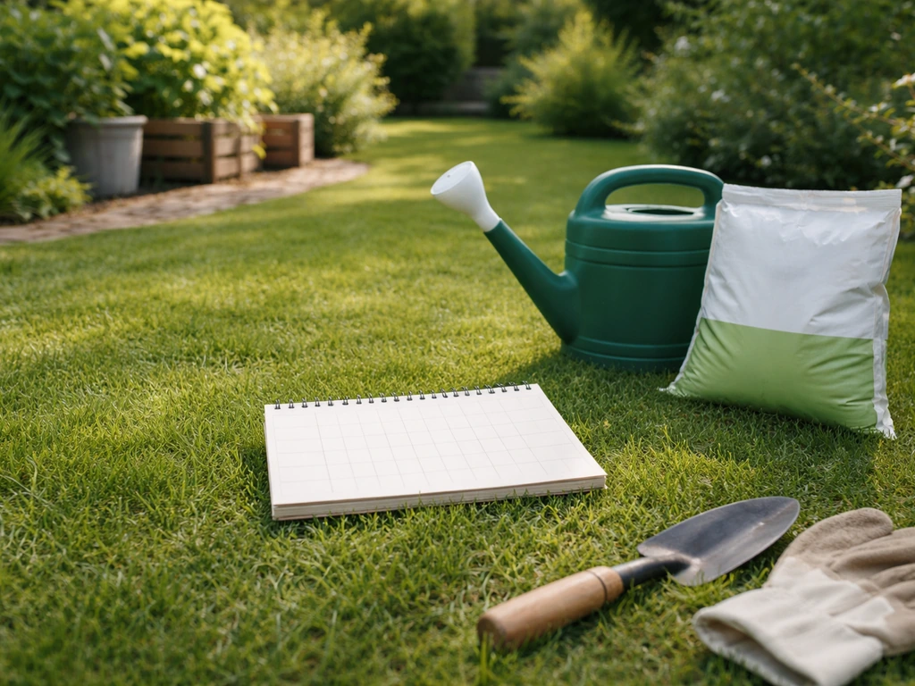Pelouse verte près d’un petit calendrier de jardin et d’un arrosoir, repères saisonniers pour l’entretien.