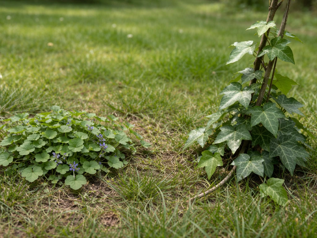 Deux plantes distinctes côte à côte : lierre terrestre rampant et lierre grimpant aux feuilles en tiges volubiles.