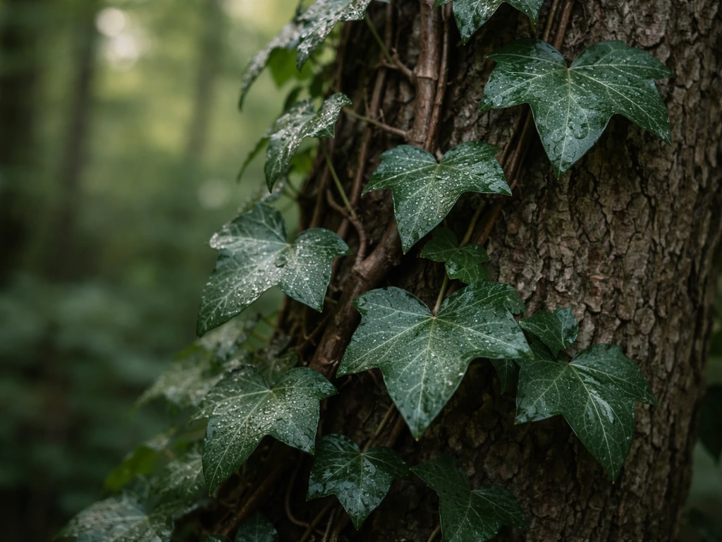 Feuilles épaisses et luisantes de lierre grimpant sur une tige ligneuse, lumière naturelle et fond flou.