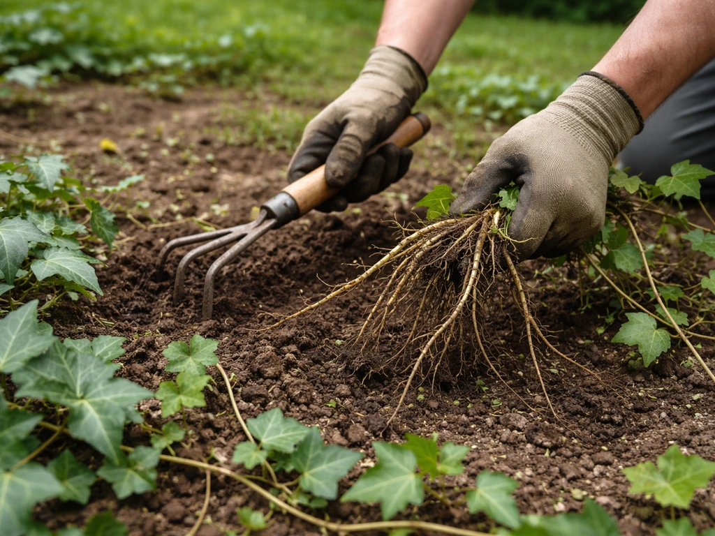 Un jardinier extrait à la main le lierre avec une petite griffe, sol humide, plan rapproché sur les stolons.