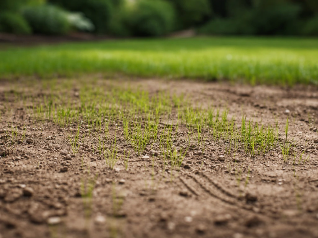 Jeune gazon en reprise après ressemis sur sol stabilisé, vu au ras du sol, ambiance jardin printanière