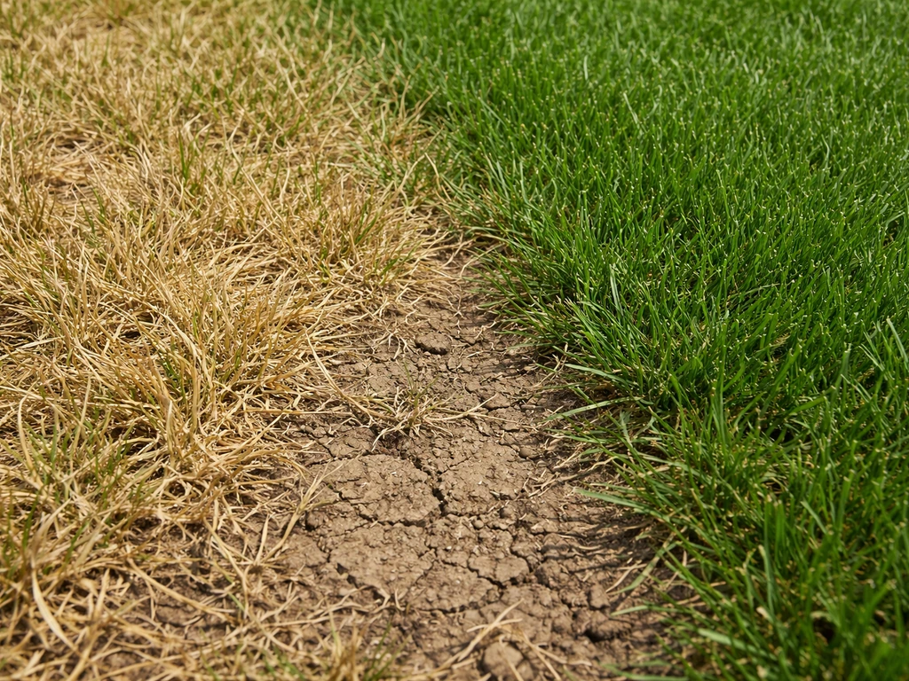 Tondre une pelouse : feuilles de gazon enroulées et jaunies dans une zone sèche, contraste avec une bande verte.