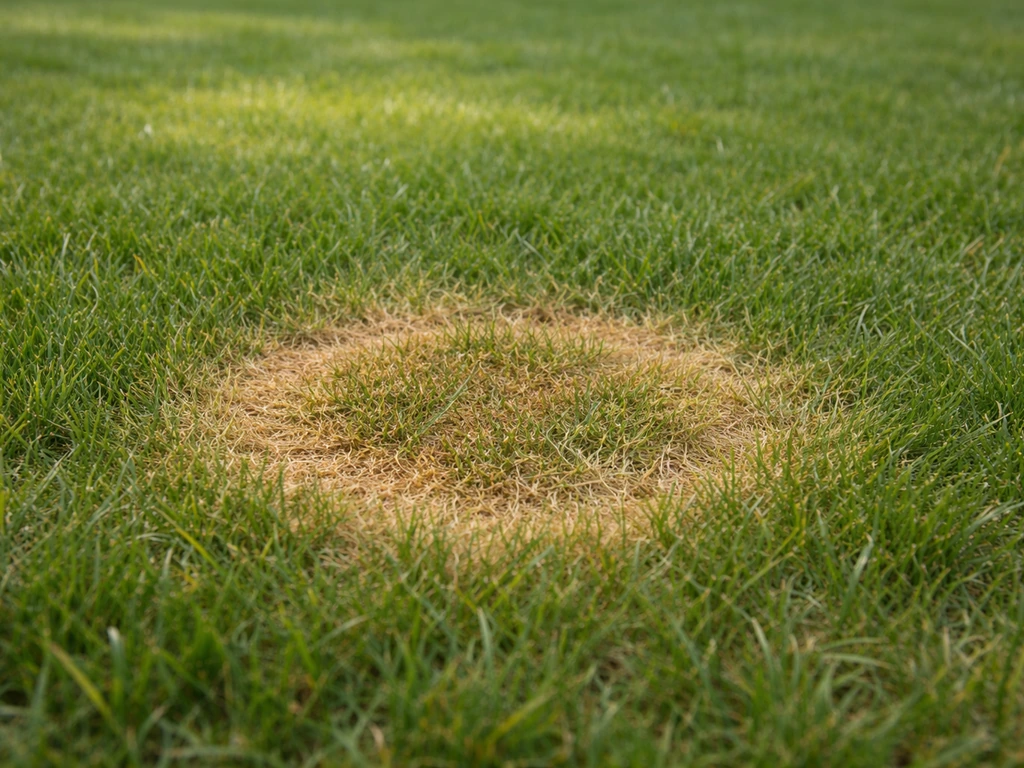 Tache circulaire jaune-brunâtre sur une pelouse, liée à l’urine d’un animal, centre moins vert.