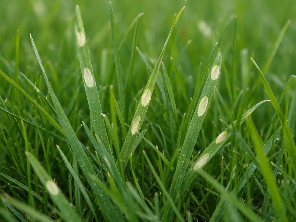 Gros plan sur des lames d’herbe avec petites taches elliptiques jaunâtres pâles, sur une petite zone.