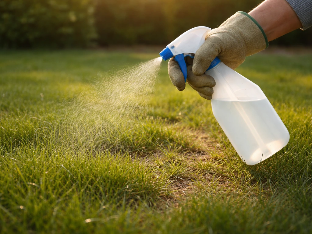 Main gantée pulvérisant doucement du savon insecticide dilué sur des bandes de gazon dans un jardin.