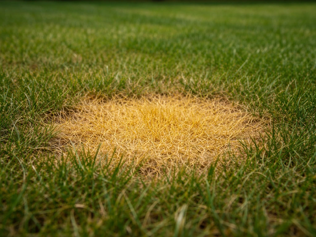 Macro d’une tache jaune bien délimitée sur une pelouse, avec du gazon partiellement vert autour.