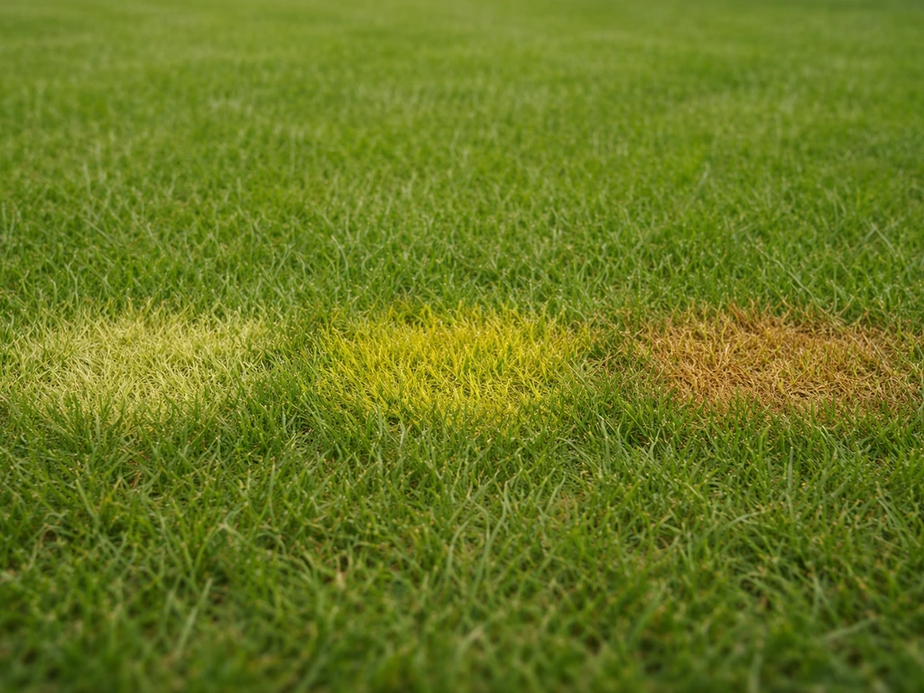 Pelouse avec trois taches voisines : jaune pâle, jaune citron puis jaune-brun, montrant l’évolution des couleurs.