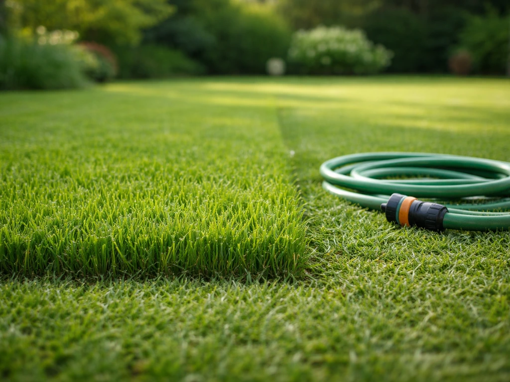Pelouse fraîchement tondue, hauteur de coupe à 5–6 cm, arrosage réduit avec arroseur au sol