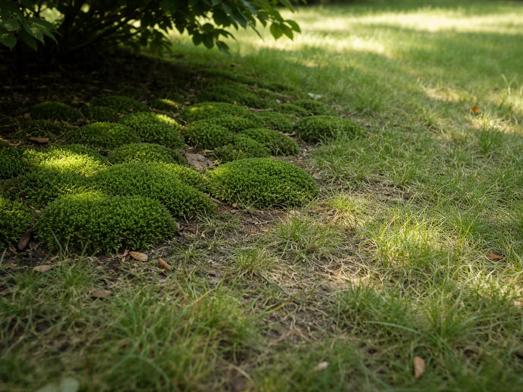 Gazon français où la mousse envahit une zone ombragée sous un arbre, herbe affaiblie autour.
