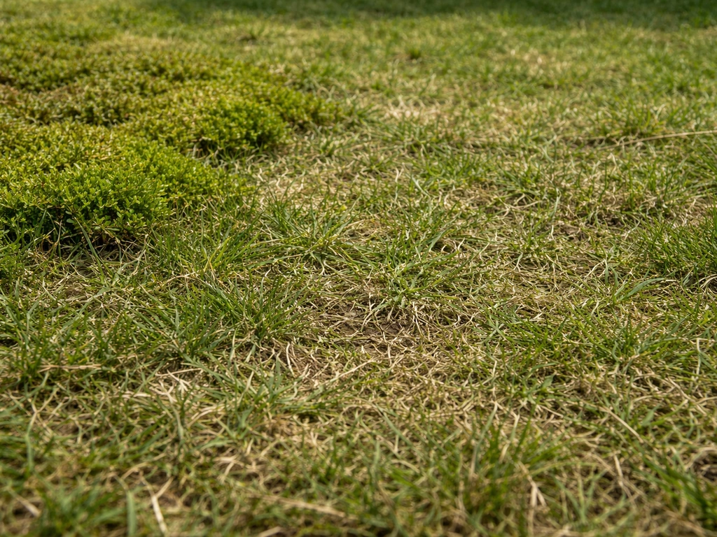 Gros plan d’une pelouse avec mousse et feutre brun, montrant un sol compacté avant action.