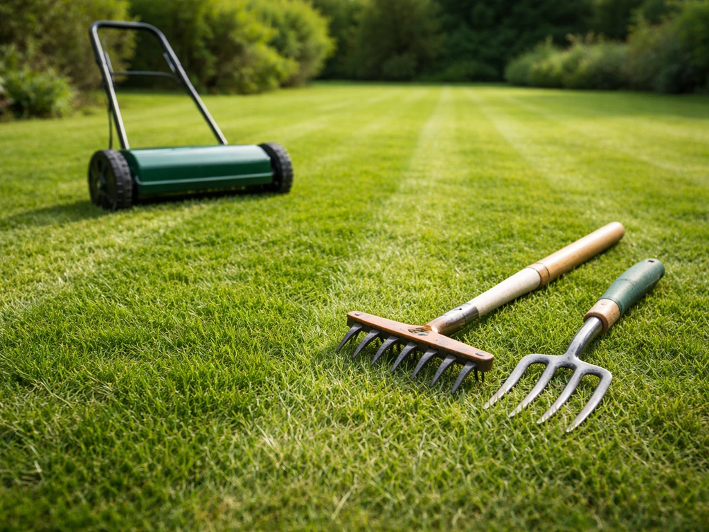 Gazon tondu à ~4 cm avec scarificateur et outils posés pour préparer la scarification et l’aération.