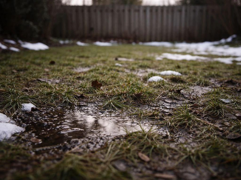 Pelouse humide juste après dégel, avec traces de neige fondue et flaques au sol, ambiance froide.