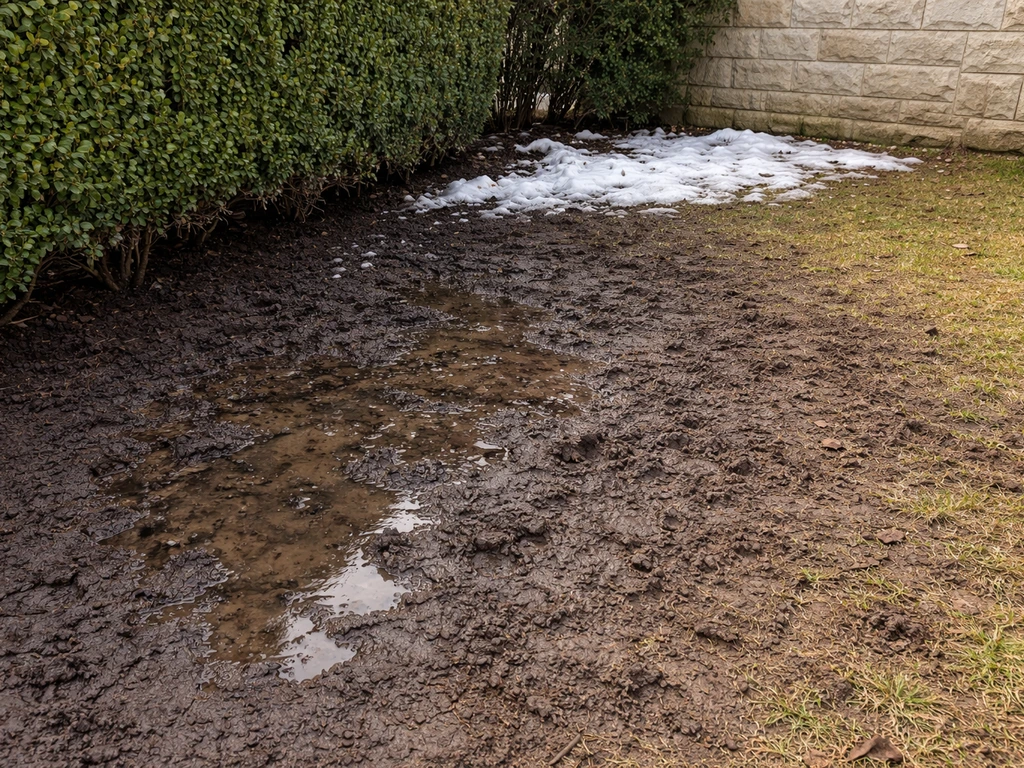 Taches sombres de sol humide et abîmé près d’une haie, zones mal drainées où la neige a persisté.